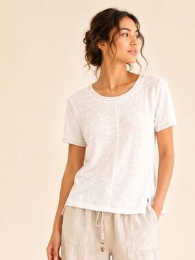 BRAX Minimalist Linen Tee Gold Metallic Trim Quiet Luxury Semi Sheer Sz M